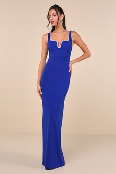 Luxe and oh-so lovely, the Lulus Sparkling Serenity Cobalt Blue Rhinestone Notched Maxi Dress never fails to impress! Stun everyone in this crepe knit dress that features a dazzling rhinestone-trimmed square neckline with wide straps and a notched detail with U-bar support. Princess-seamed bodice has a high, fitted waist and a low back design. Figure-skimming column skirt falls to a maxi hem. Hidden back zipper/clasp. Supportive side boning in bodice. Fit: This garment fits true to size. Length: Cobalt Blue Dress, Column Skirt, Adhesive Bra, Rhinestone Dress, Rhinestone Trim, Sparkly Dress, Strapless Bra, Fall Skirts, Dress 100