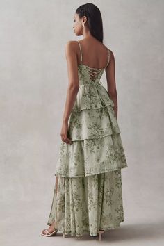 V. Chapman Caterina Corset Ruffle Dress | Anthropologie Sage Green Wedding Guest Dress, Olive Green Formal Dress, Corset Ruffle Dress, Green Dress Floral, Senior Ball Dresses, Ruffled Prom Dress, Floral Green Dress, Whimsical Dresses, Caterina Dress