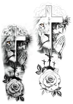 two cross tattoos with lions and roses on them