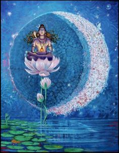 a painting of a person sitting on top of a flower next to a moon and water