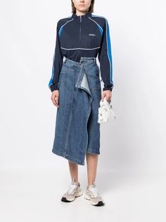 Goen.J Asymmetric Denim Skirt - Farfetch Yoko London, Exclusive Fashion, Indigo Blue, Asymmetric Hem, Jacket Tops, Denim Dress, Size Clothing, All Fashion, Clothes For Sale