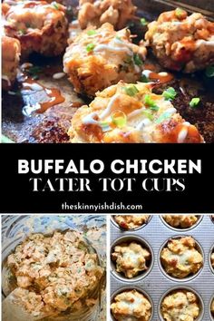 buffalo chicken tater tot cups in muffin tins with text overlay