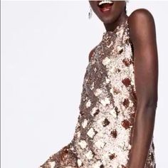 Zara Sequined Mini Dress, With “Reversible Sequin” Diamond Shaped Appliqu. Neckline Is Rounded In Front And V Shaped In The Back. Sleeveless. Nwt Color: Champagne/Copper Glamorous Sleeveless Fall Dress, Glamorous Sleeveless Mini Dress For Fall, Zara Sleeveless Fall Dresses, Zara Sleeveless Dresses For Party Season, Sleeveless Zara Dresses For Party Season, Zara Sequined Summer Dress, Zara Summer Dress With Sequins, Sequin Sleeveless Mini Dress For Fall, Summer Zara Sequin Dress