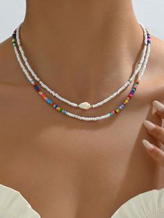 Multicolor  Collar  Glass   Embellished   Women Fashion Jewelry Summer Beaded Necklace, Seed Bead Necklaces, Chip Bead Necklace, Beaded Necklace Diy, Rice Bead, Coral Jewelry, Handmade Wire Jewelry, Summer Necklace, Conch Shell