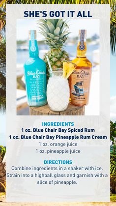 an advertisement for blue chair bay rum and pineapple rum cream, with the caption she's got it all