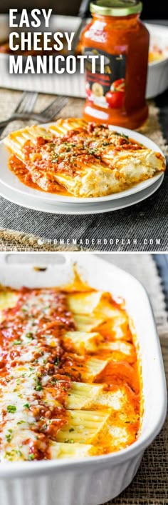 an easy cheesy manicotti casserole is shown in two separate pans