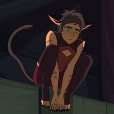 a cartoon character sitting on top of a wall next to a demon with horns and eyes