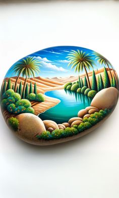 a painted rock sitting on top of a white table next to a painting of a lake and palm trees