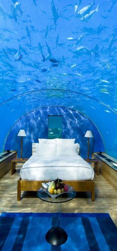 an underwater bedroom with a bed and table in the middle, under blue water that looks like a fish tank