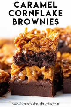 chocolate caramel cornflake brownies stacked on top of each other with text overlay