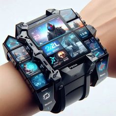 a watch made out of cell phones on someone's arm with the time displayed