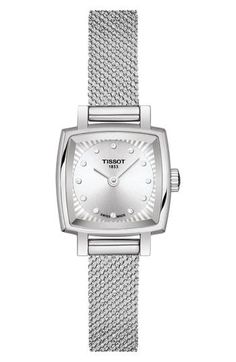 Small diamond indexes sparkle beneath the thick, diamond-evoking beveled glass face on a petite '60s-inspired Swiss-made square watch that offers refined elegance. 20mm case Jewelry clasp closure Swiss quartz movement 12 diamonds Diamond weight .025ct. Clarity: VS-SI Scratch-resistant sapphire crystal face with antireflective coating Stainless steel or stainless steel with gold PVD Swiss made >Diamond Guide Tissot Lovely, Square Watches, Jewelry Clasps, Mesh Bracelet, Stainless Steel Mesh, Square Diamond, Steel Mesh, Square Watch, Diamond Watch