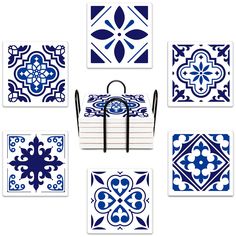 six blue and white tiles with handles on each side, one in the middle is holding a bag