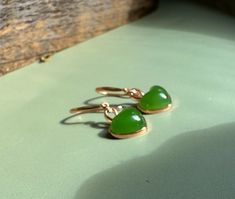 AA Bright Green Siberian Nephrite Jade Heart Earrings, set in 18k Gold Jade measures approximately 8x10mm Jade Charm, Nephrite Jade, Jade Bangle, Jade Earrings, Jade Ring, Jade Bracelet, Jade Carving, Jade Jewelry, Jade Pendant