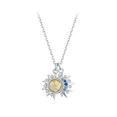 🌞🌙 Get ready to shine with our stunning Sun Moon Necklace! Crafted from 925 sterling silver and adorned with a Luminous stone, this necklace will make you stand out. With a plated White Gold finish, it's the perfect addition to any outfit. Plus, we'll include a free velvet cloth bag for you to keep your new jewelry safe. Order now and add a touch of celestial beauty to your collection! Length: 400mm+50m Pendant: 17*15mm Cubic Zirconia Pendant Necklace With Moon Charm, Celestial Moon Charm Necklace In Cubic Zirconia, Celestial Cubic Zirconia Necklace With Moon Charm, Celestial Cubic Zirconia Pendant Necklace, Celestial Style White Gold Necklace With Cubic Zirconia, Cubic Zirconia Moon Charm Necklace With Round Pendant, Celestial Cubic Zirconia Round Necklace, Cubic Zirconia Moon Charm Necklace, Blue Sun And Moon Pendant Necklace