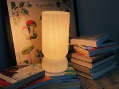 a white lamp sitting on top of a table next to books and an open book