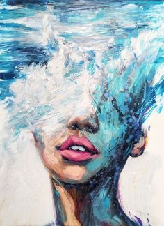 a painting of a woman's face with water splashing over her head and hair