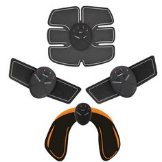 three different types of exercise equipment on a white background, including an orange and black armband