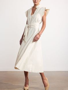 Brochu Walker | Women's Newport Midi Dress in Calico Chic V-neck Dress With Belt Detail, Elegant V-neck Dress With Belt Detail, Chic Flutter Sleeve Dress With Tie Waist, Chic V-neck Dresses With Belt Detail, Chic Maxi Dress With Flutter Sleeves And Tie Waist, Chic Maxi Dress With Tie Waist And Flutter Sleeves, Fitted Belted Dress With Flutter Sleeves, Sleeveless Spring Belted Dress For Daywear, Chic Sleeveless Belted Dress For Daywear