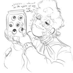 a drawing of a man holding an electronic device with buttons on the front and side