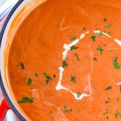 a pot filled with soup and garnished with parsley