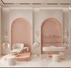 the interior of a modern salon with pink and white furniture, mirrors and lights on the walls