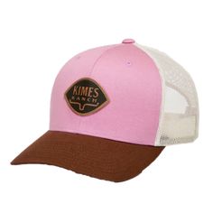 Style number: S22-1220LP. Light pink cotton twill front. Cream polyester mesh back and side panels. Rust curved brim with 8 stitch detailing. Real leather logo patch on front. Adjustable snapback closure. X-fit trucker. Mid-profile. One size fits most. Pink Trucker Hat With Curved Bill For Outdoor, Sporty Pink Trucker Hat With Curved Brim, Mesh Snapback Hat With Logo Patch, Pink Cotton Sports Hat, Sporty Trucker Hat With Logo Patch And Curved Brim, Sporty Pink Baseball Cap With Curved Bill, Casual Pink Hats With Logo Patch, Sporty Pink Trucker Hat, Pink Six-panel Cotton Hat