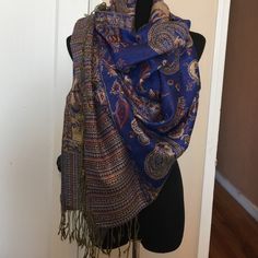 A Beautiful Printed In 2 Sided Multi Color Combination Large Wrap/Scarf/Stole With A Gold Thread Weaving For Richness And Glamour. Width 27.5", Length 68" Excluding 4"Fringes On Both Side. Nwot. Blue Pashmina Shawl For Winter, Blue One Size Shawl For Winter, Elegant Blue Shawl For Fall, Blue One-size Winter Shawl, Elegant Blue Fall Shawl, Blue Shawl Wrap, Blue Pashmina Dupatta, One Size Silk Shawl Scarf, Elegant Blue Shawl Scarves