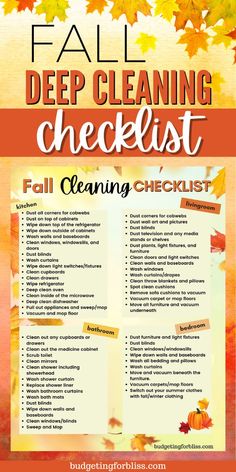 the fall cleaning checklist is shown in this image