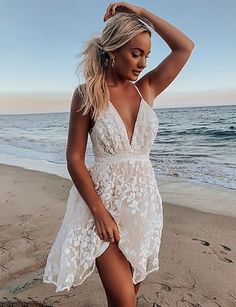 Lace Beach Dress, Backless Dress Summer, White Lace Shorts, 파티 드레스, Dress Sleeve Length, Short Prom Dress, Backless Mini Dress, Suspender Dress, Short Wedding Dress