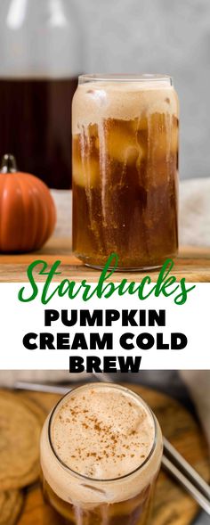 starbucks pumpkin cream cold brew in a mason jar and on a wooden cutting board next to a pumpkin