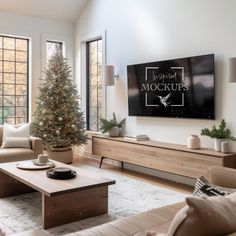 a living room filled with furniture and a christmas tree in front of a flat screen tv