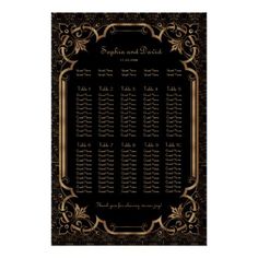 a black and gold wedding seating chart with an ornate frame on the side, in front of a white background