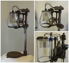 three different views of an old fashioned lamp