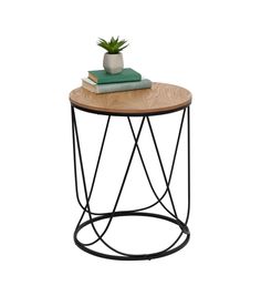 a wooden table with metal legs and a potted plant sitting on top of it