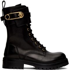 Versace: Black Medusa Safety Pin Boots | SSENSE Versace Boots, Bling Bra, Black Medusa, Halloween Shoes, Dr Shoes, Suede Clutch, Versace Outfit, Gold Pin, Aesthetic Shoes