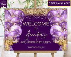 purple and gold birthday party welcome sign