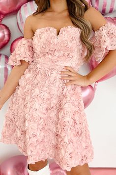 World Turned Sweet Floral Textured Mini Dress (Pink) - NanaMacs Cute Off-shoulder Party Dress, Cute Pink Off-shoulder Dress, Chic Rose Mini Dress For Spring, Rose Mini Dress For Spring, Mini Pink Dress, Mini Dress Pink, Mini Pink, Flying Monkey Jeans, Large Dress