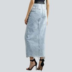 Take a walk on the wild side with our 20th-century-inspired. long women's jeans skirt from our 2023 Spring-Summer Collection! With a light wash. high-rise design. and zipper & button closure. this timeless piece is perfect for showcasing your vogue-forward edge and ageless trend.Why You'll Love This SkirtAchieve effortless elegance with this conventional denim skirt. Featuring a light wash and high waist. this piece perfectly blends unique vintage allure with vogue-day sophistication. Whether yo High Rise Denim Blue Skirt With Five Pockets, High Rise Denim Skirt With Five Pockets, Summer Full Length Skirt With Frayed Hem, Summer Full-length Skirt With Frayed Hem, Full Length Light Wash Denim Skirt For Summer, High Waist Light Wash Denim Skirt For Spring, Fitted High-rise Denim Skirt With Five Pockets, Fitted Five Pocket Denim Skirt For Summer, Fitted Denim Skirt With Five Pockets For Summer