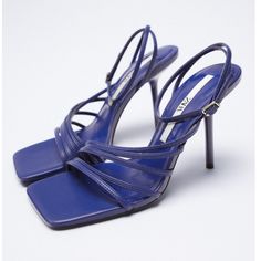 Beautiful Blue Strappy Sandals With Ankle Strap And Square Toe. 4.1 Inch Heel. Size 38 Blue Synthetic Slingback Sandals, Blue Slingback Sandals For The Beach, Trendy Blue Strappy Sandals, Chic Blue Sandals With Heel Strap, Blue Strappy Sandals For Evening, Blue Strappy Synthetic Heels, Blue Synthetic Strappy Heels, Blue Strappy Evening Sandals, Blue Sandals With Heel And Single Toe Strap