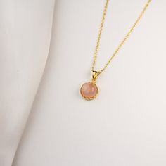 "Modern and elegant 14K gold rose quartz necklace for everyday wear. Great for stacking with other pendants to express yourself even better.  Wonderful and unique gift idea to show your love to important people in your life with a cute and dainty gift. This necklace makes a perfect gift for mothers, friends or yourself. Also a special anniversary gift for significant others. ♥ All our jewelry is custom made with Love and Care in our workshop.  ✿Unless \"Solid Gold\" option is specifically chosen Rose Gold Necklace With Rose Quartz As A Gift, Rose Gold Rose Quartz Necklace Gift, Feminine Rose Gold Rose Quartz Necklaces, Rose Quartz Necklace In Rose Gold For Gift, Gold Rose Quartz Jewelry Gift, Dainty Pink Gold Gemstone Necklaces, Rose Gold Pendant Necklace With Rose Quartz, Rose Quartz Pendant Necklace In Rose Gold, Elegant Pink Necklaces For Everyday