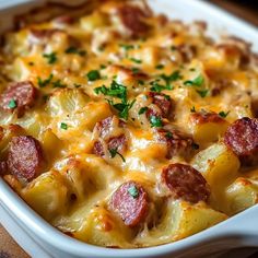 a casserole dish with sausage, potatoes and cheese