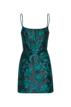 a green and black dress with floral print on the bottom, spaghetti straps, and an open back