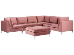 a pink sectional couch with ottoman and footstool in front of a white background