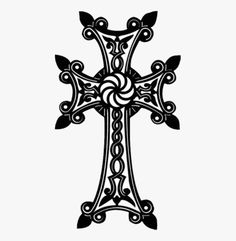 a black and white drawing of a cross with swirls on the sides, as well as an ornate design