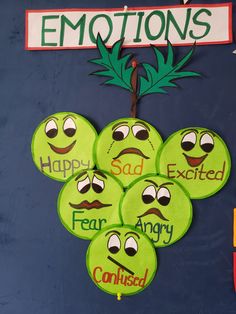 a bunch of green frisbees with faces drawn on them that say emotions