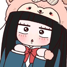 a girl with long black hair wearing a bear hat