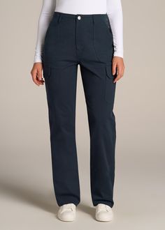 American-Tall-Women-Straight-Leg-Cargo-Chino-Navy-front Workwear Full-length Cargo Pants With Side Pockets, Work Pants With Cargo Pockets, Full-length Cargo Work Pants, Fitted Cargo Pants With Cargo Pockets For Workwear, Full Length Work Pants With Cargo Pockets, Workwear Chinos With Side Pockets, Workwear Full Length Chinos With Side Pockets, Full-length Chinos With Side Pockets For Workwear, Mid-rise Cargo Pants With Patch Pockets For Workwear