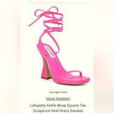 Lafayette Ankle Wrap Square Toe Sculptural Heel Dress Sandals, Color-Magenta, Size 11m, 4” Heel Runs Small Sandals Feature: Synthetic Upper Square Toe Construction Ankle Wrap Lace-Up Closure Synthetic Lining Synthetic Outsole Approx. 4" Heel Height Imported. Spring Ankle Wrap Sandals With Heel Loop, Pink Ankle Tie Heels For Summer, Summer Pink Ankle Tie Heels, Spring Ankle Tie Sandals With 4-inch Heel, Fitted Sandals With 4-inch Heel And Ankle Tie, Party Sandals With Stacked Heel And Ankle Tie, Spring Ankle Tie Heels With Sculpted Heel, Pink Ankle Tie Heels For Spring, Spring Pink Ankle Tie Heels