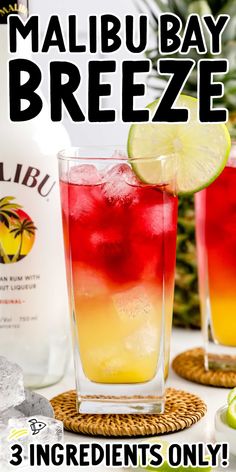 two glasses filled with different colored drinks next to a pineapple and lime wedges